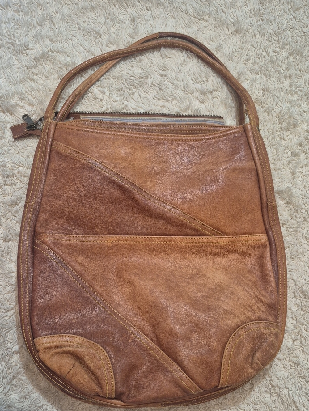 Vintage Lucky Brand Hobo Disressed Leather Patchwork Bag Slouchy Zip Boho Tote
